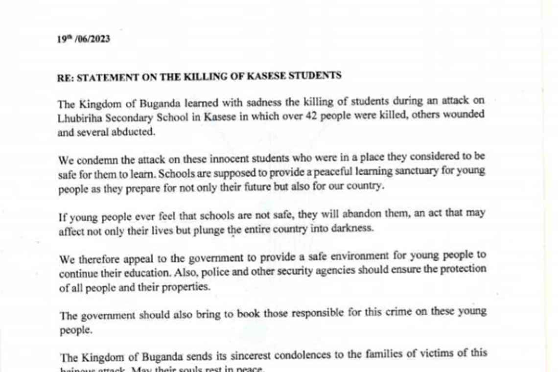 Statement on the killing of Kasese students from Buganda kingdom